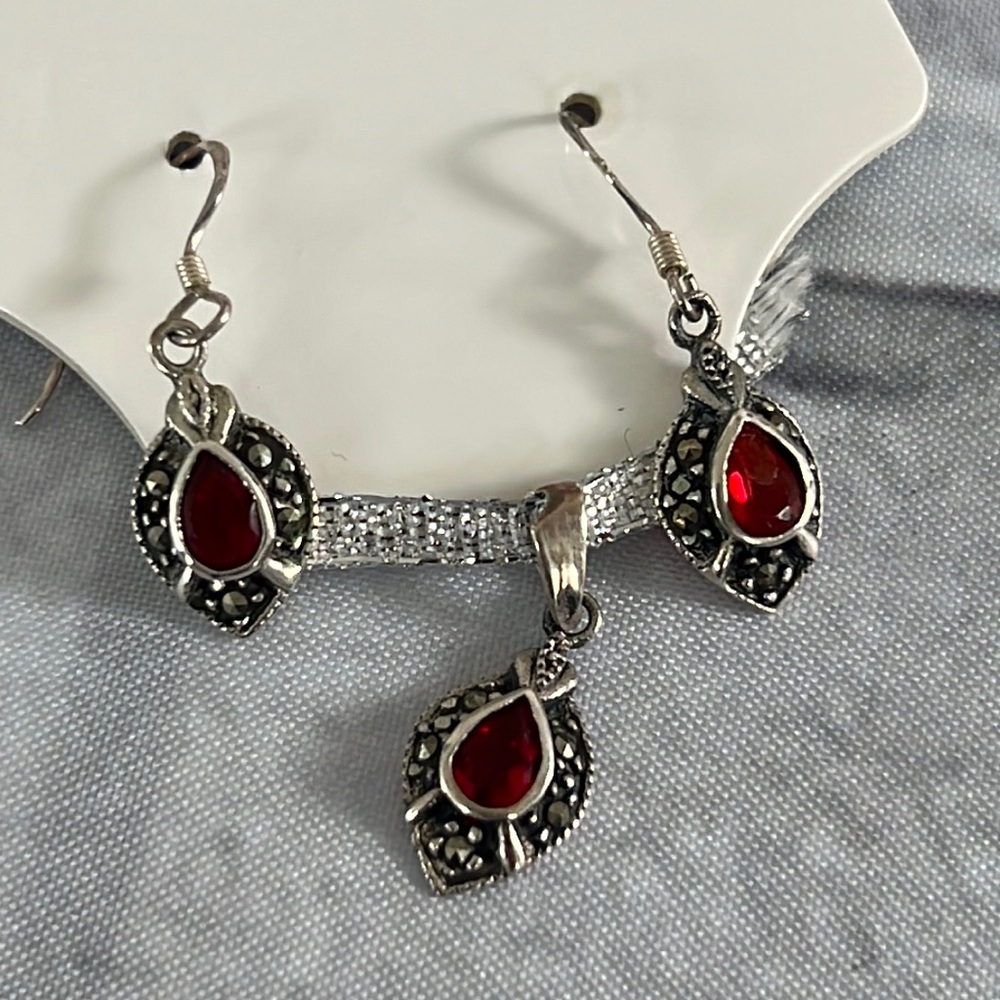 Vintage garnet marcasite 3 piece set SIGNED 925 CW